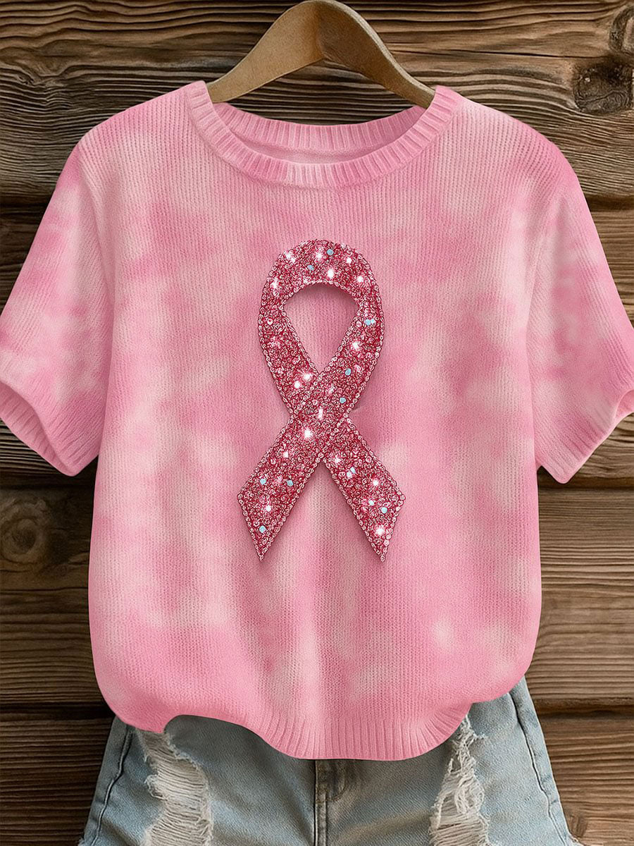 Consciência do câncer de mama feminino fita rosa camiseta casual impressão