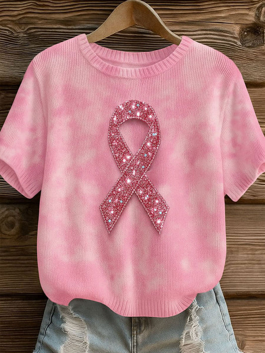 Consciência do câncer de mama feminino fita rosa camiseta casual impressão