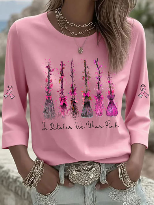 Mulheres em Outubro We Wear T-shirt Casual Estampada Rosa