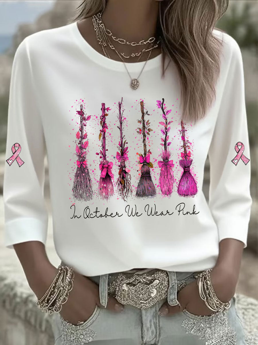 Mulheres em Outubro We Wear T-shirt Casual Estampada Rosa