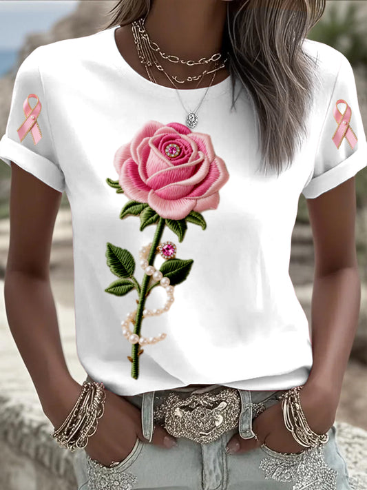Retro mama câncer bordado floral jóias com pérolas imprimir algodão casual confortável manga curta t-shirt