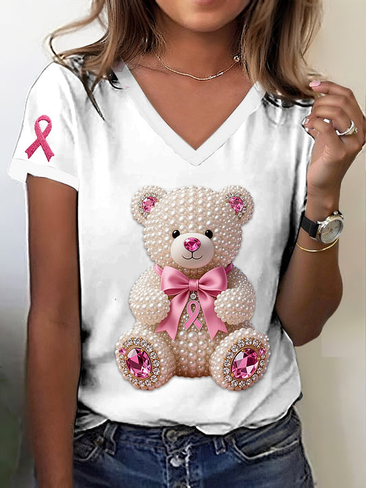 Retro Breast Cancer Awareness Bonito Pérola Urso Imprimir T-shirt De Manga Curta V-Neck