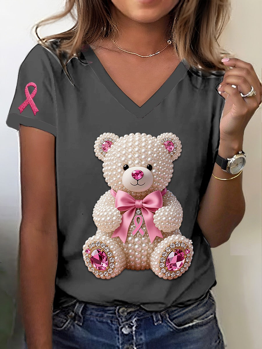 Retro Breast Cancer Awareness Bonito Pérola Urso Imprimir T-shirt De Manga Curta V-Neck