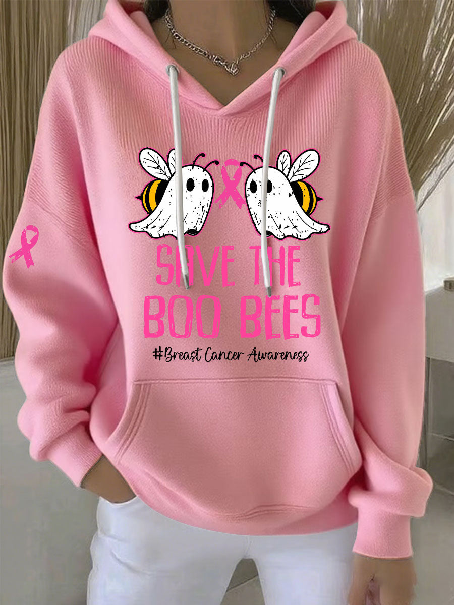 Consciência do câncer de mama feminino salvar as abelhas Boo impresso Hoodie Casual