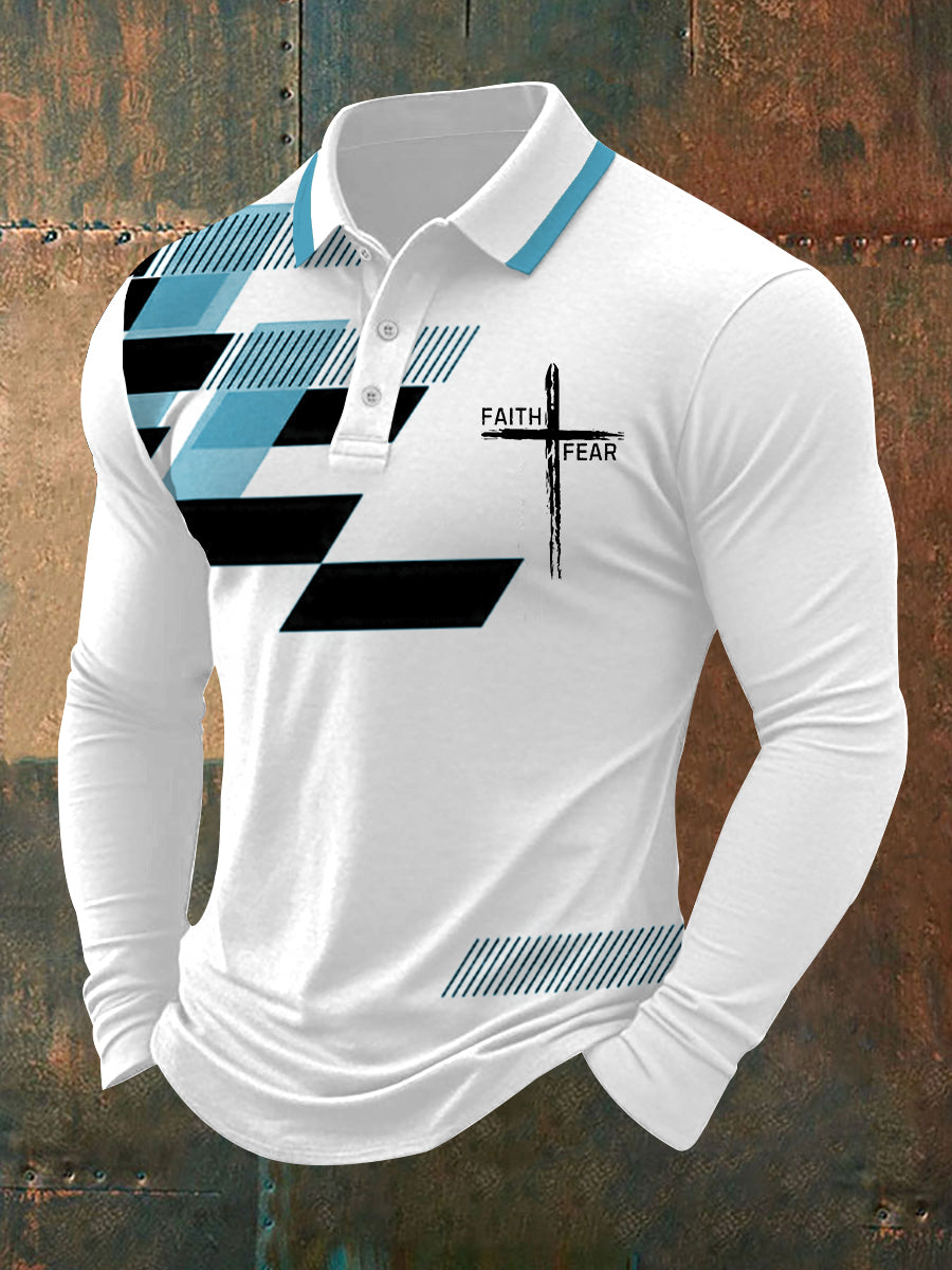 Fé dos homens sobre o medo Cruz Fé Geométrica Impressão Casual Polo de Manga Longa