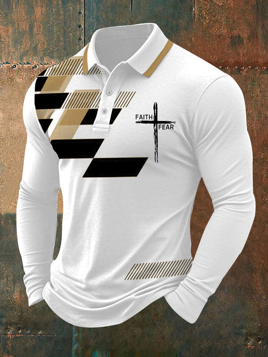 Fé dos homens sobre o medo Cruz Fé Geométrica Impressão Casual Polo de Manga Longa
