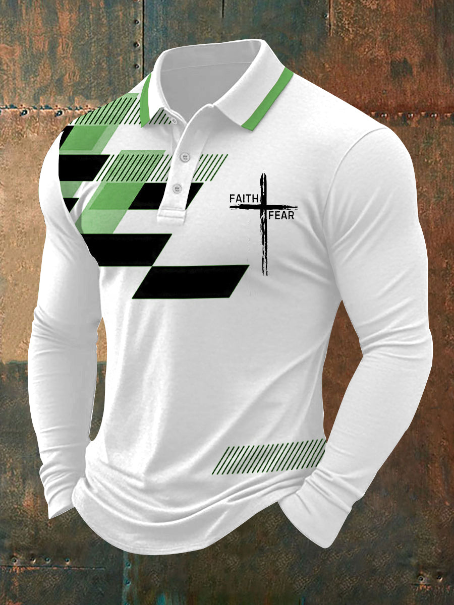 Fé dos homens sobre o medo Cruz Fé Geométrica Impressão Casual Polo de Manga Longa