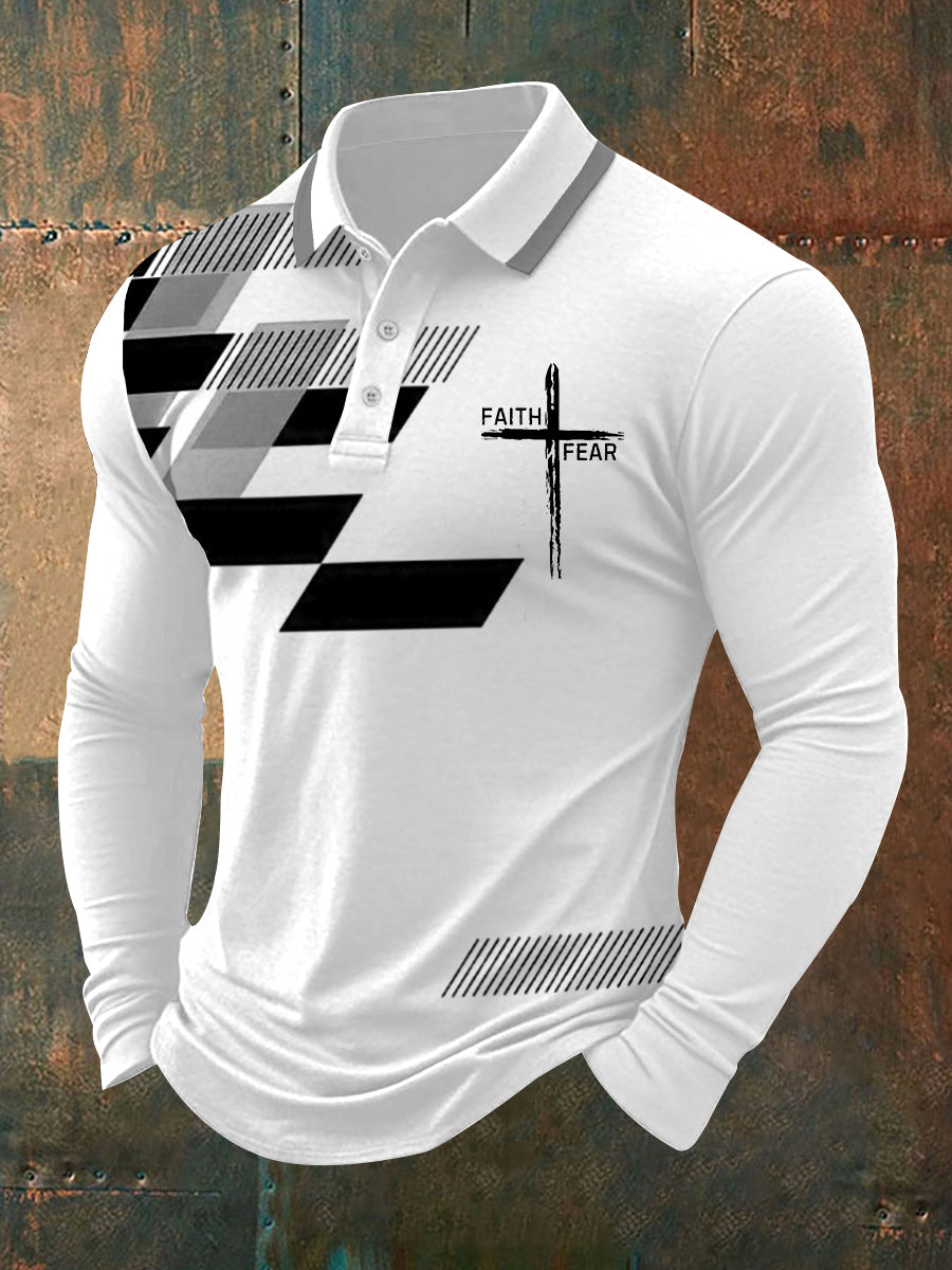Fé dos homens sobre o medo Cruz Fé Geométrica Impressão Casual Polo de Manga Longa