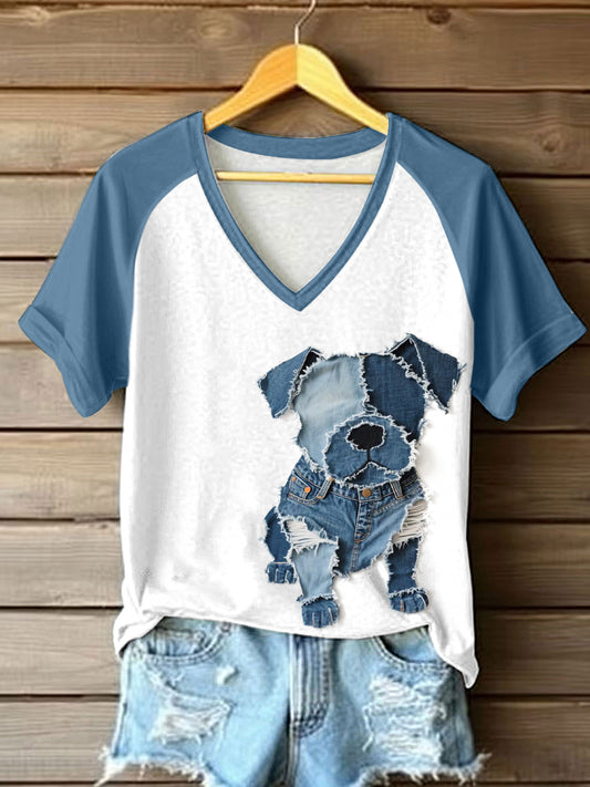 Cachorro bonito Patchwork Art v-Neck t-shirt feminino