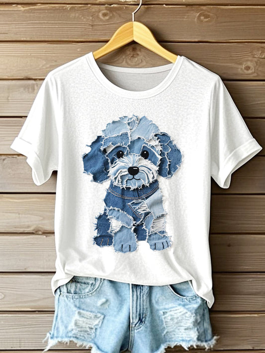 Cão bonito Denim Patchwork arte t-shirt das mulheres