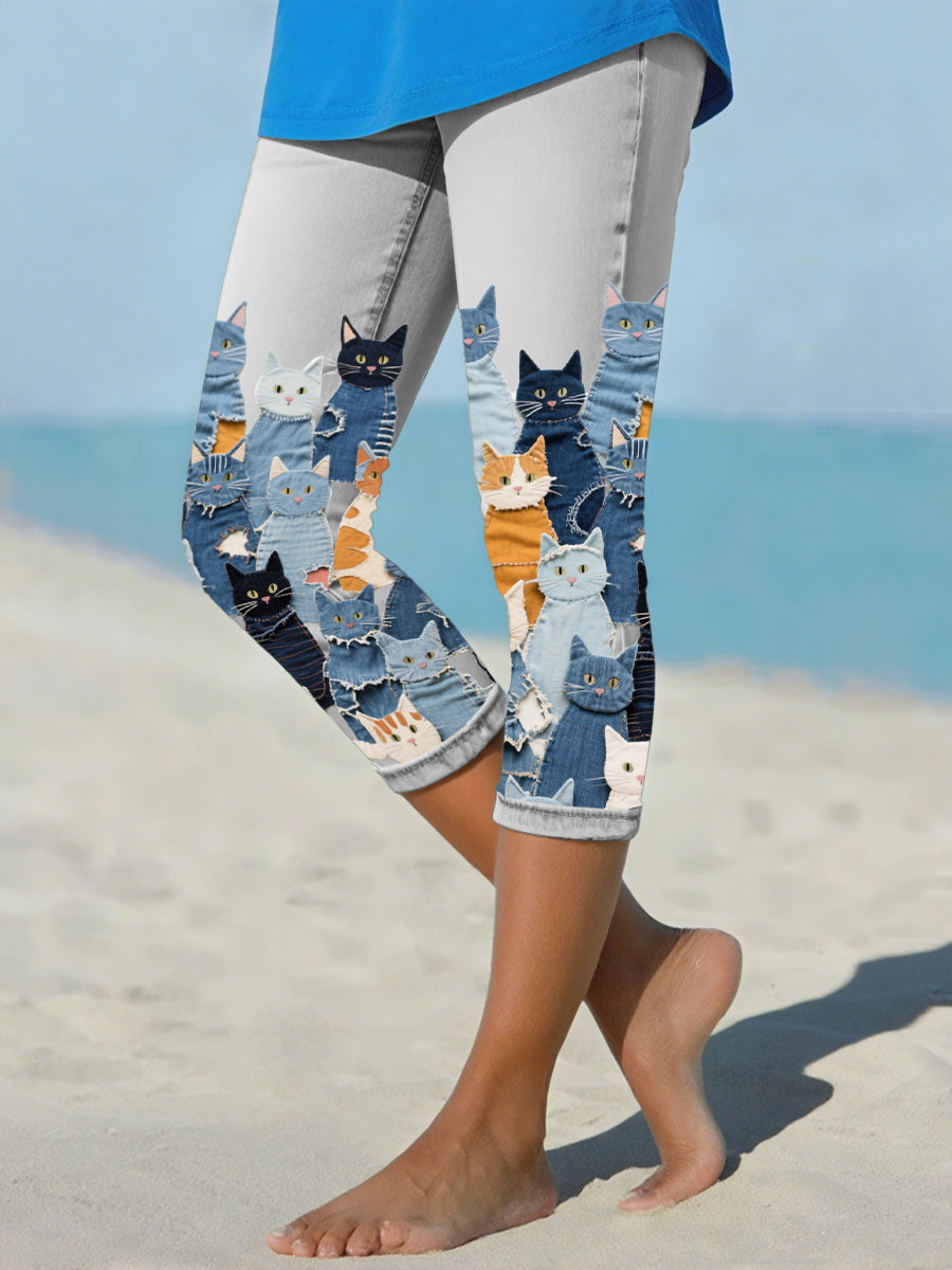 Leggings de gato jeans feminino cortadas