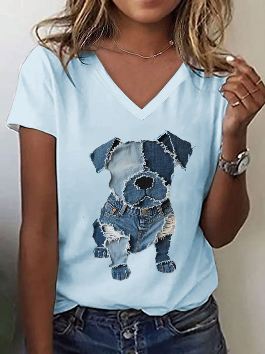 Cão bonito padrão Patchwork Art v-Neck t-shirt feminino