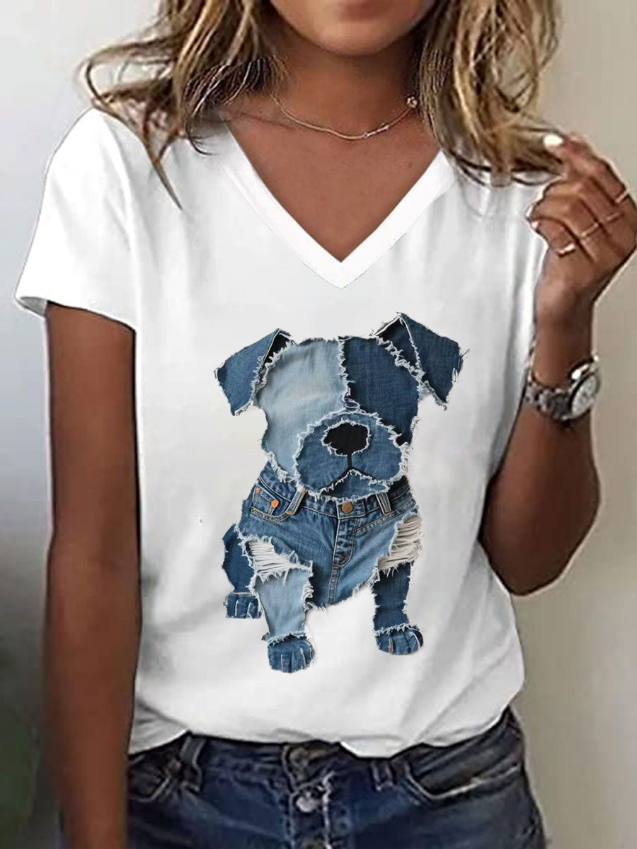 Cão bonito padrão Patchwork Art v-Neck t-shirt feminino