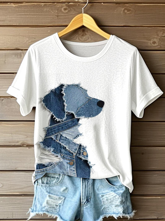 Cão bonito Denim Patchwork Art t-shirt das mulheres