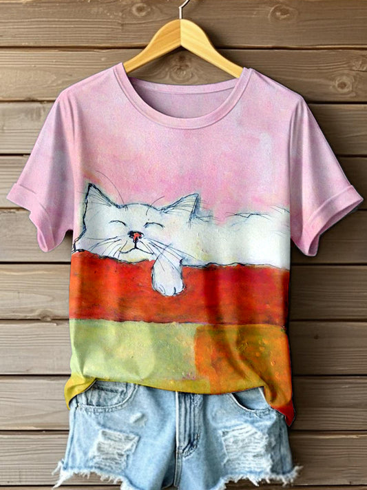 Pintura a óleo das mulheres gato arte impressão manga curta t-shirt