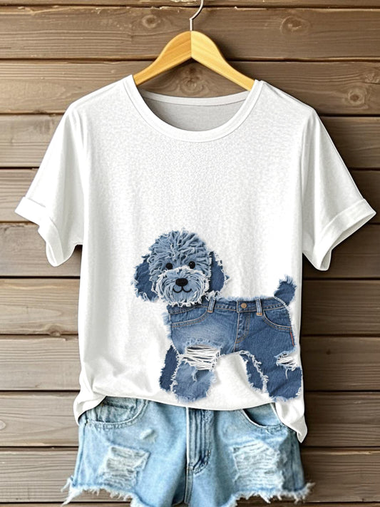 Cão bonito Denim Patchwork Art t-shirt das mulheres