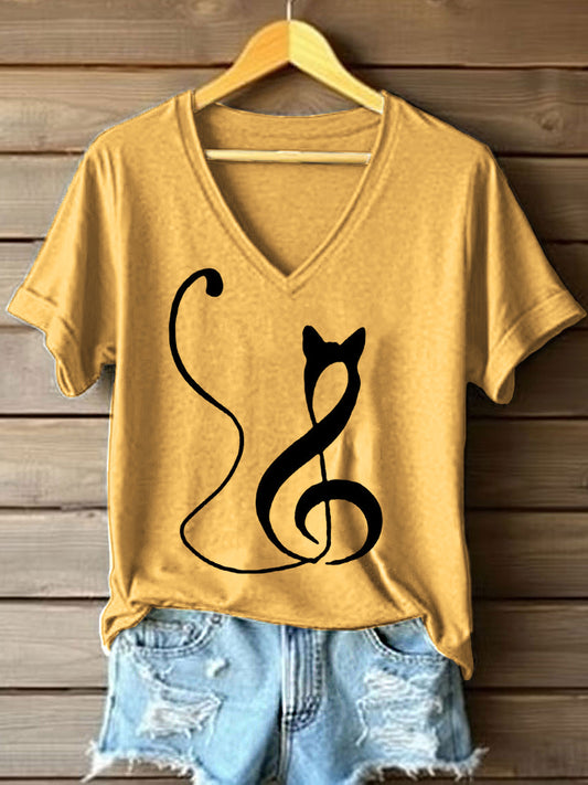 Music Note inspirado T-shirt do gato impressão V-Neck das mulheres