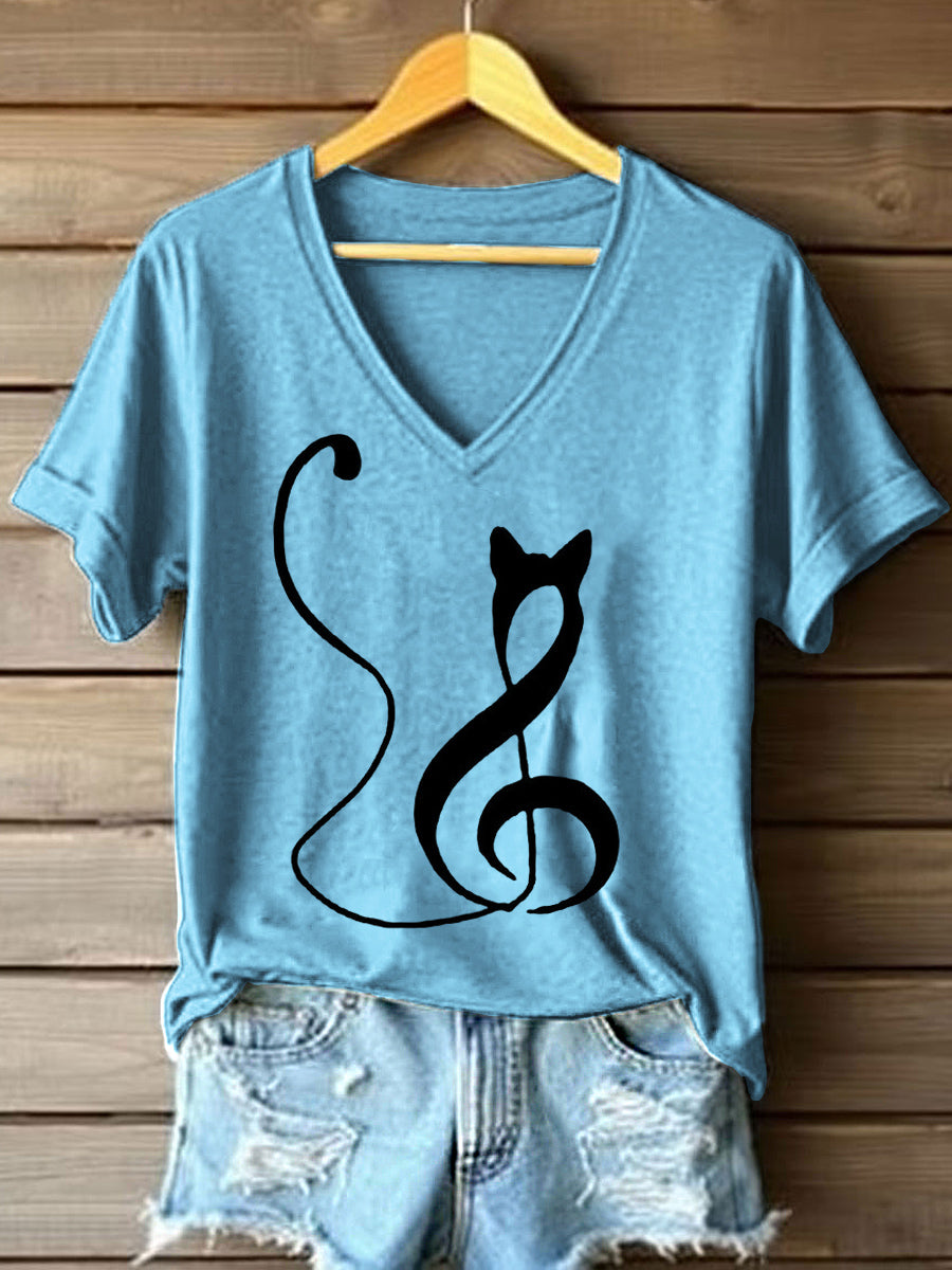 Music Note inspirado T-shirt do gato impressão V-Neck das mulheres