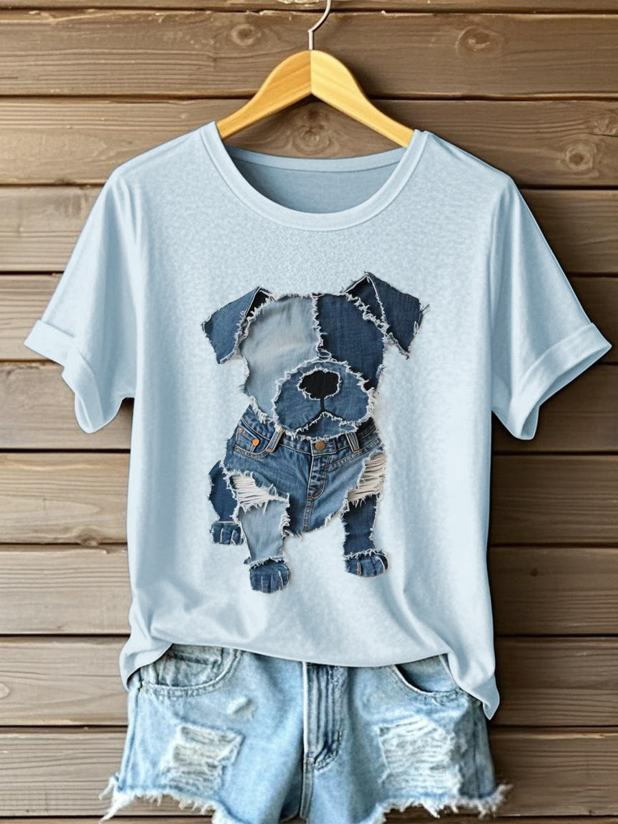 Padrão de cão Denim Patchwork Art t-shirt feminino