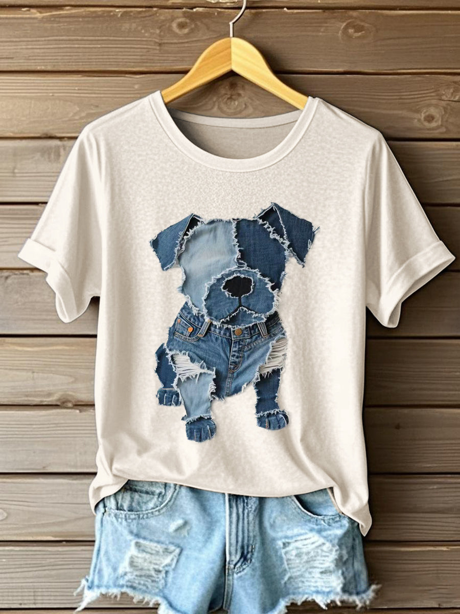 Padrão de cão Denim Patchwork Art t-shirt feminino