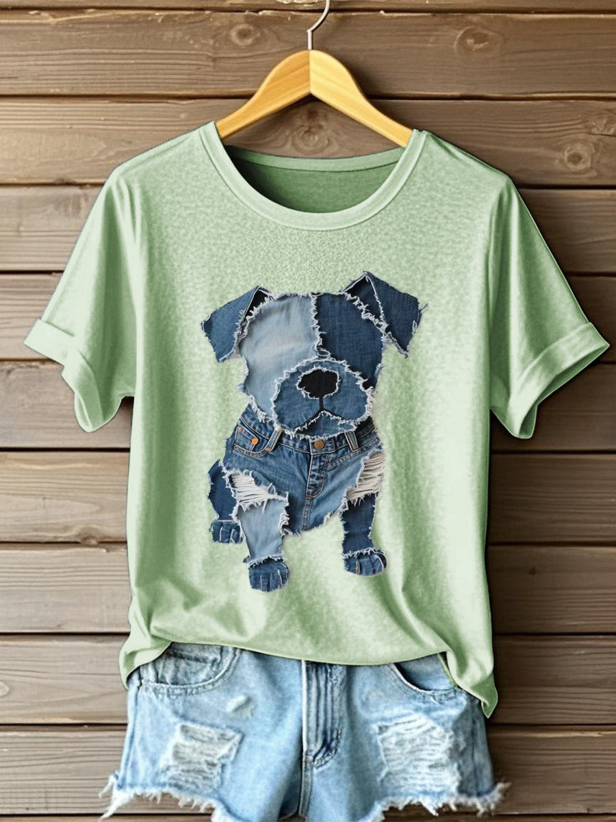 Padrão de cão Denim Patchwork Art t-shirt feminino