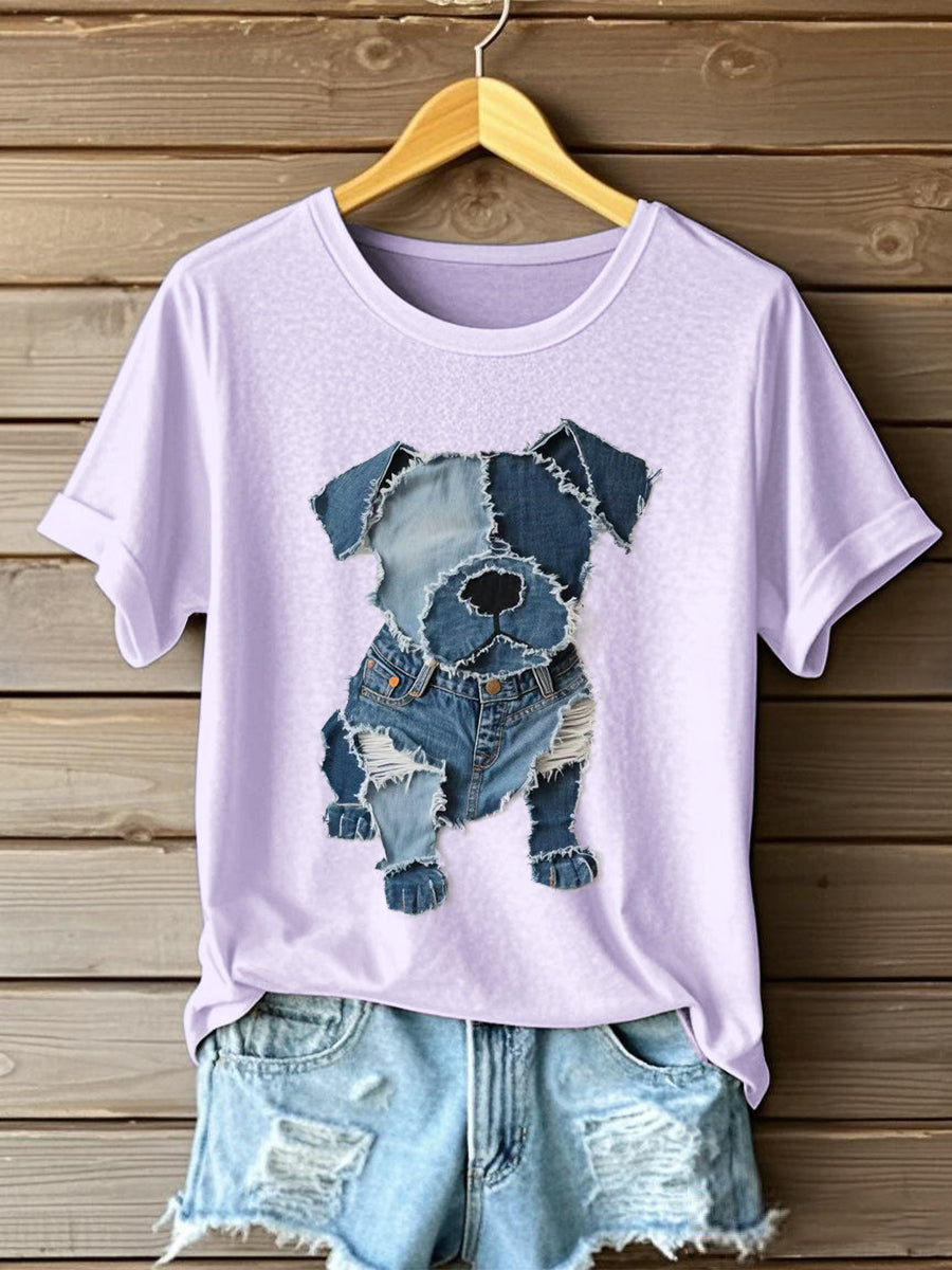 Padrão de cão Denim Patchwork Art t-shirt feminino
