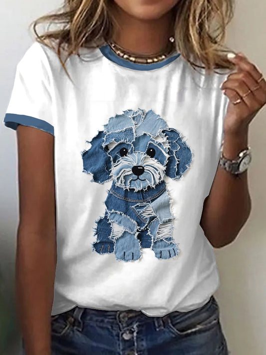 Cão bonito Denim Patchwork Art t-shirt das mulheres