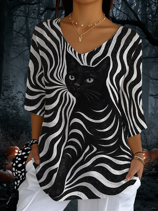 Listras de gato preto feminino Casual manga comprida Top
