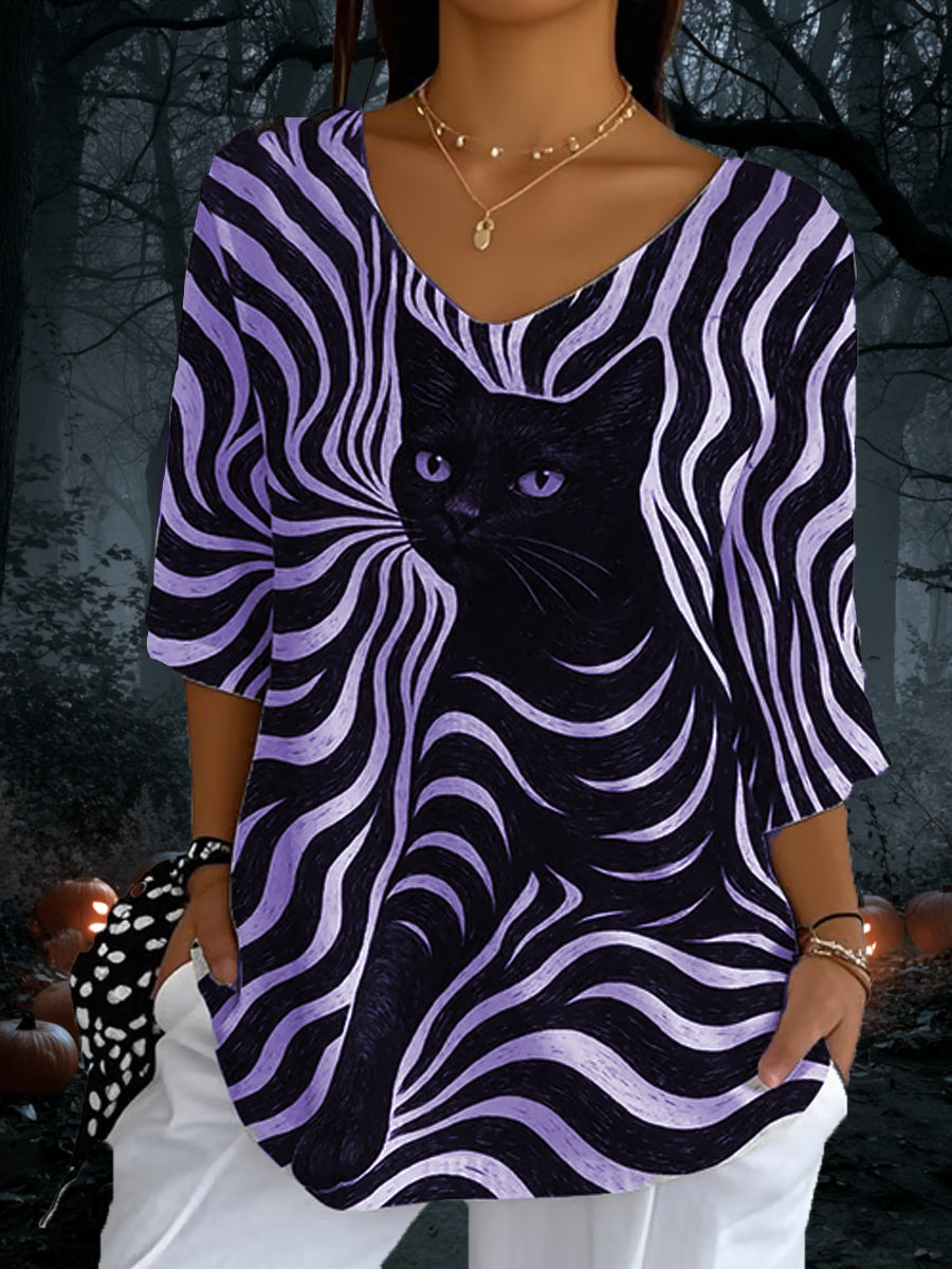 Listras de gato preto feminino Casual manga comprida Top