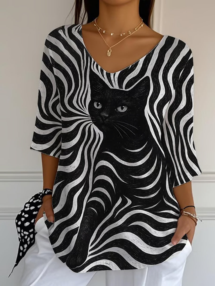Listras de gato preto feminino Casual manga comprida Top