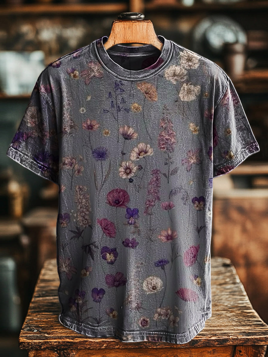 Unisex Retro Floral Imprimir Casual Manga Curta Solta T-shirt