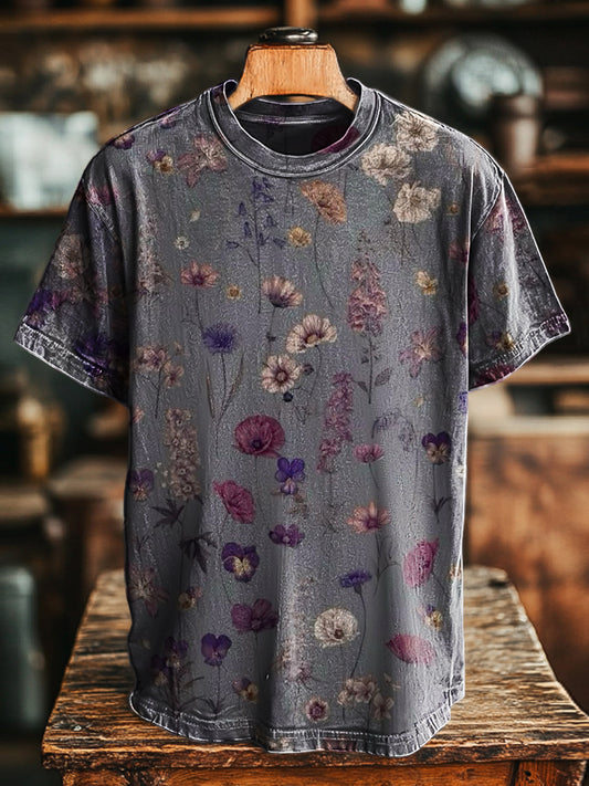 Unisex Retro Floral Imprimir Casual Manga Curta Solta T-shirt