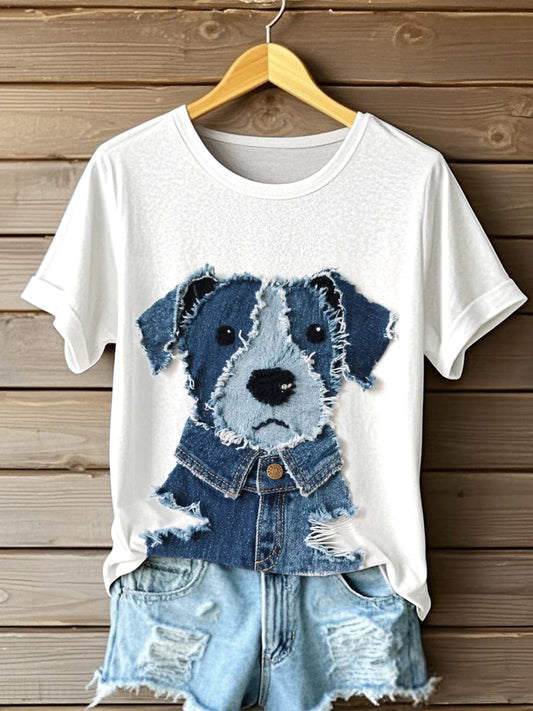 Cão bonito Denim Patchwork Art t-shirt das mulheres
