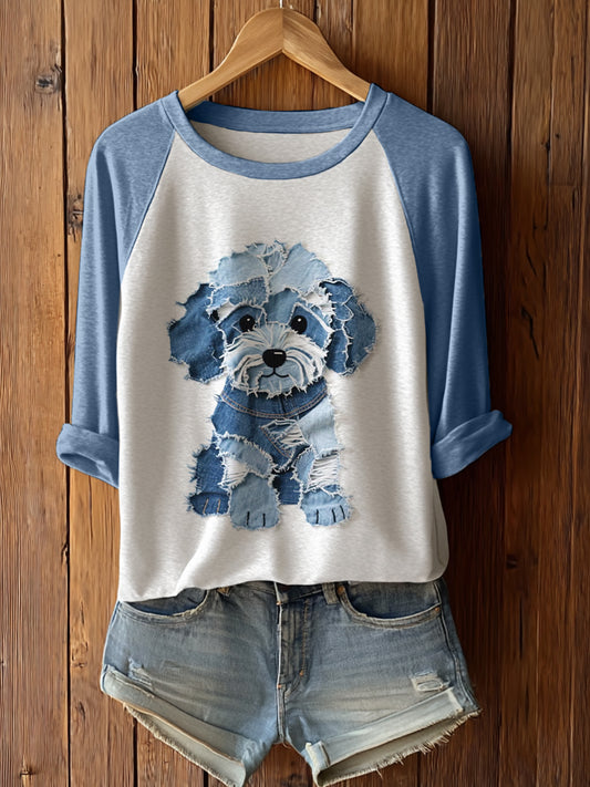 Cachorro bonito das mulheres Patchwork arte manga comprida T-Shirto