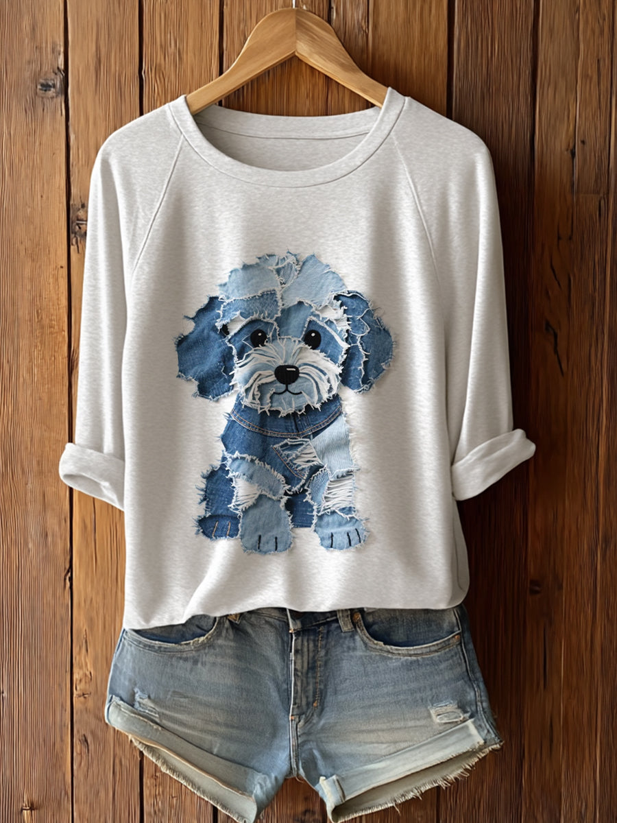 Cachorro bonito das mulheres Patchwork arte manga comprida T-Shirto