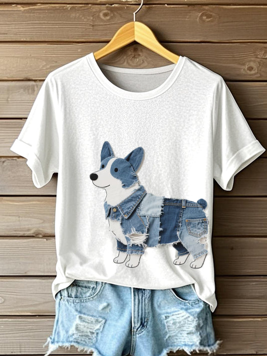 Adorável Corgi padrão Patchwork arte t-shirt das mulheres