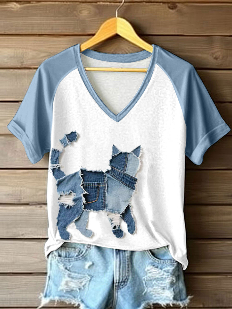 Gato bonito Patchwork arte t-shirt v-Neck feminino