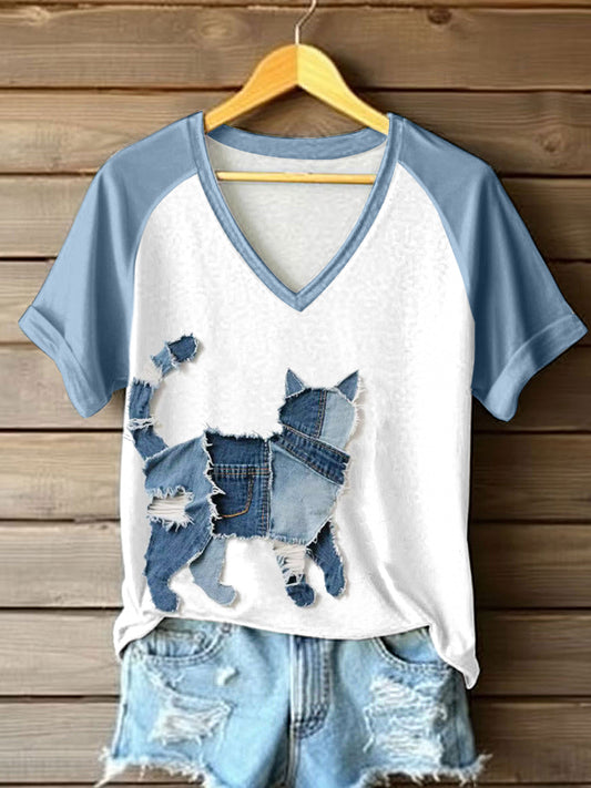 Gato bonito Patchwork arte t-shirt v-Neck feminino