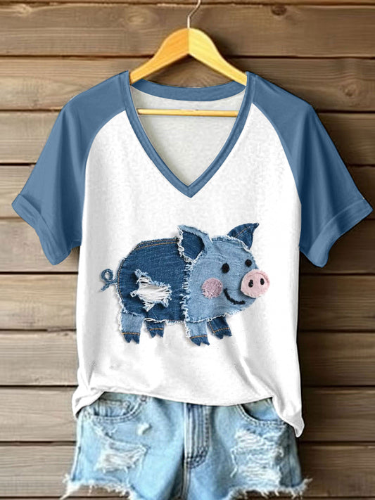 Porco bonito Patchwork Art v-Neck t-shirt feminino