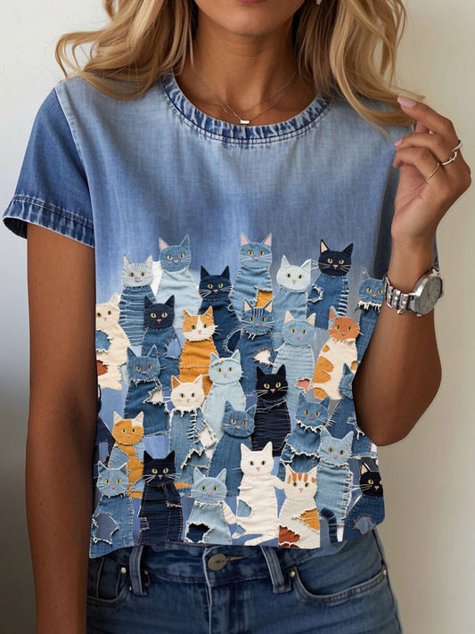 T-shirt feminina do gato da impressão do denim