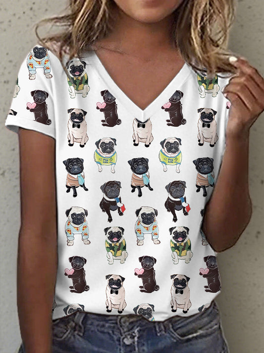 T-shirt bonito Pug impressão V-Neck feminino