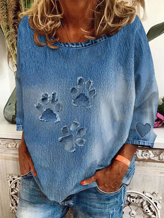 Camiseta de manga comprida Denim Paw feminina