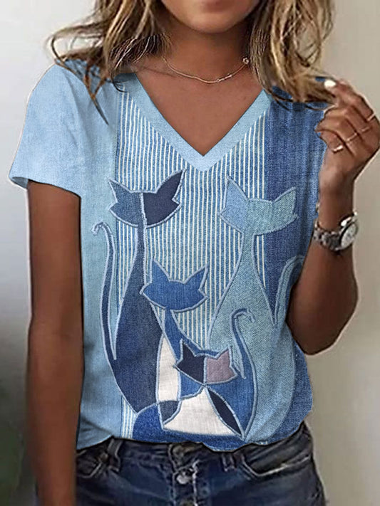 Gato bonito Patchwork arte t-shirt v-Neck feminino