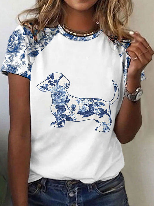 Dachshund Floral Print T-shirt das mulheres