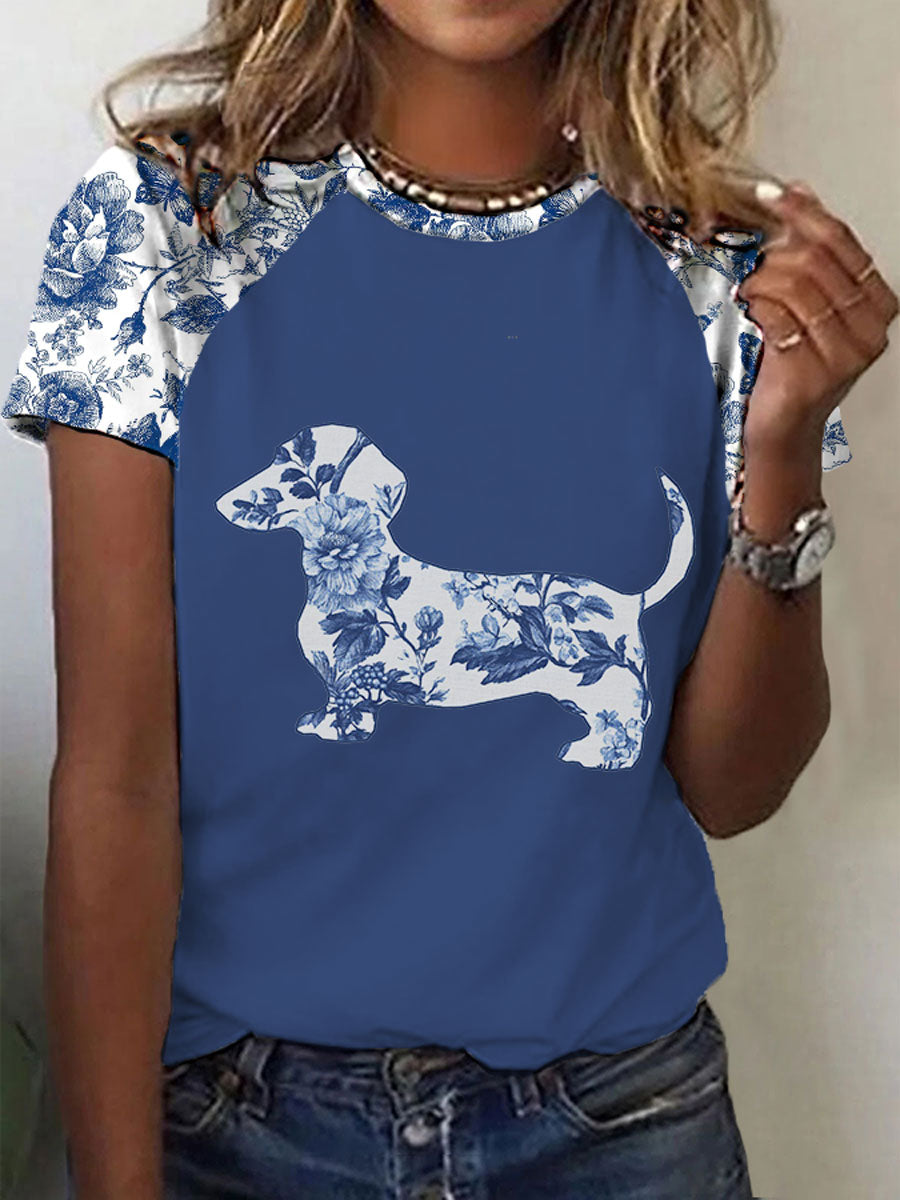 Dachshund Floral Print T-shirt das mulheres