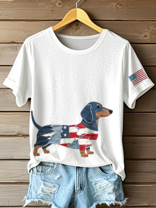 Dia da independência das mulheres Inspirado Dachshund Patchwork Art T-shirt