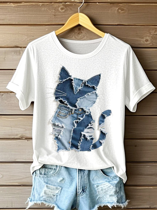 Gato padrão Denim Patchwork arte t-shirt das mulheres