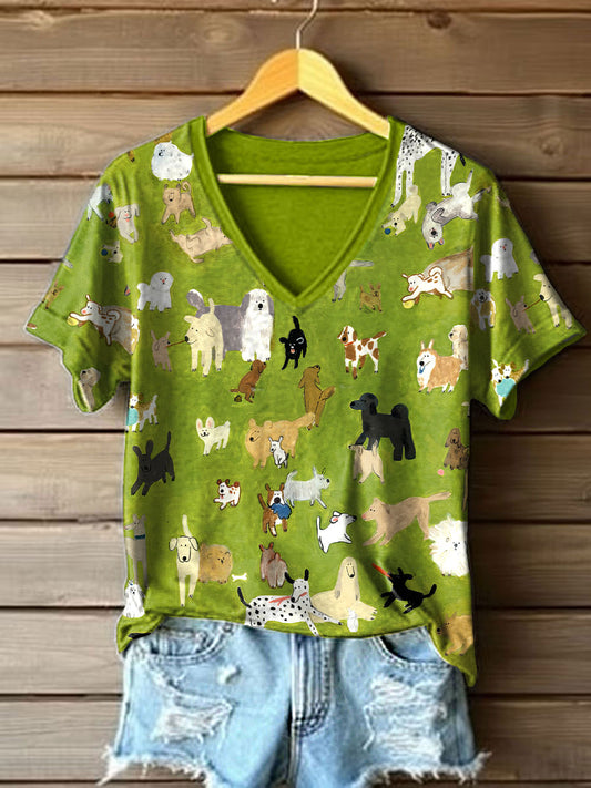 Cão bonito pintura a óleo Art Print v-Neck t-shirt feminino