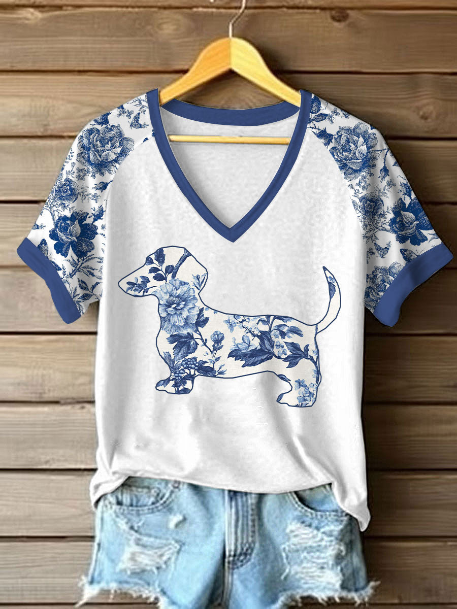 Dachshund Floral Print T-shirt das mulheres