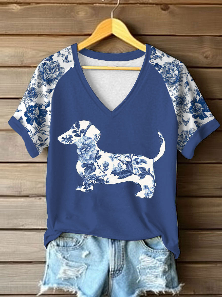 Dachshund Floral Print T-shirt das mulheres